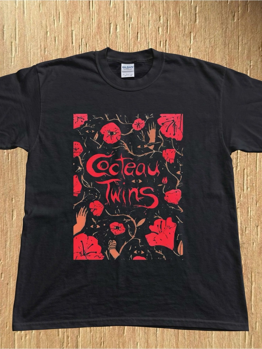 Gildan Black Tee with Red Floral Cocteau Twins Band Graphic Tee